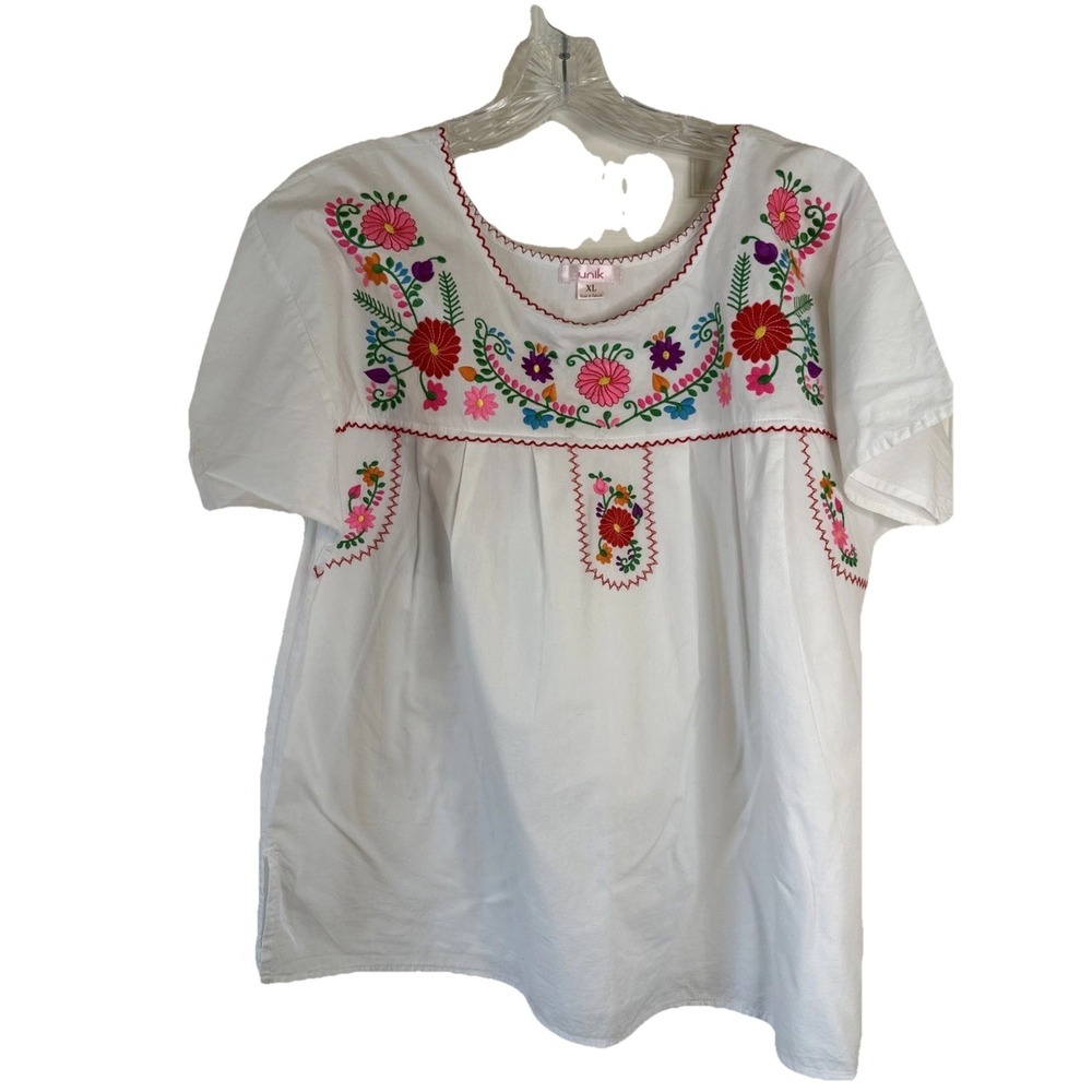 Vintage 70's Mexican White Shirt Made By Unit Peasant Boho Embroidered Sz XL